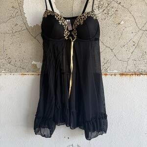 Y2K Babydoll Lingerie Black & Gold Sheer Mesh Floral Embroidered Coquette Slip S